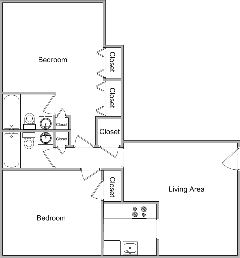 Floor plan for 2 beds, 2 baths, 940 sqft